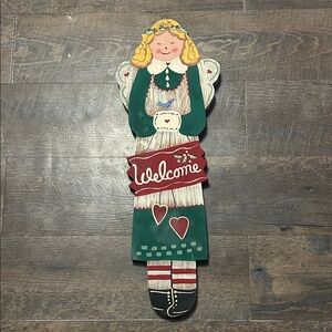 Holiday Hand Painted Wooded Welcome Sign Angel Folk Art 1999 Christmas Decor 23”